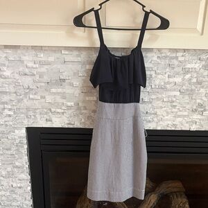 Navy and white sear sucker linen dress